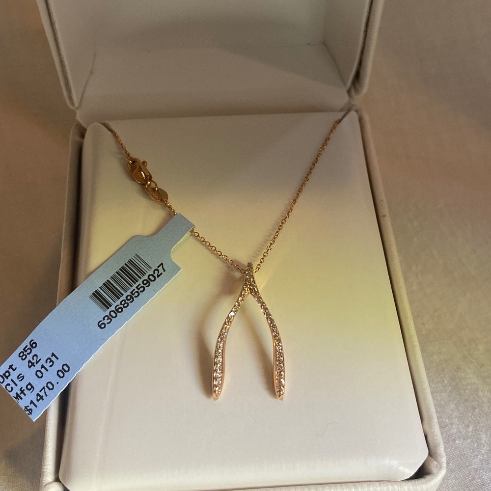 14K Rose Gold and Diamond Wishbone Necklace 18"